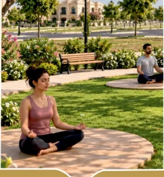 Concept image of meditation in a landscaped garden