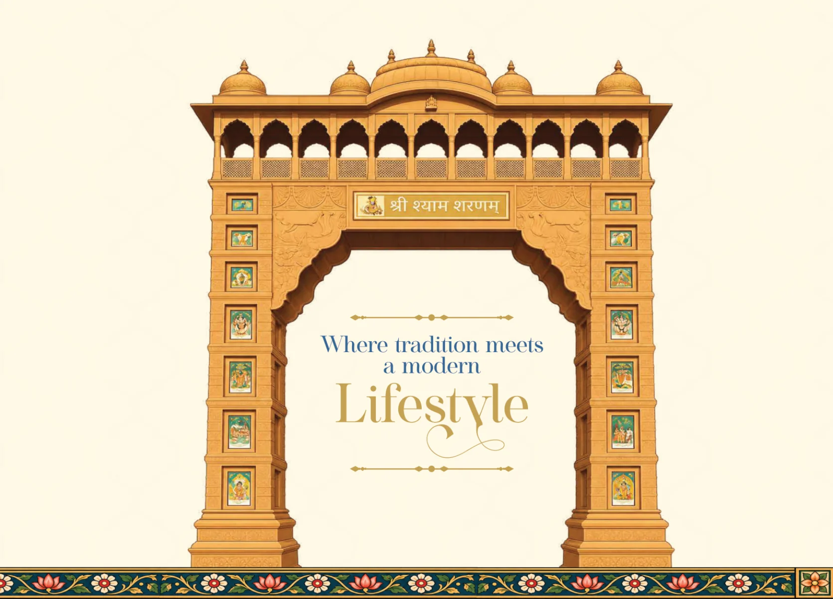 Traditional Rajasthan gateway illustration referencing the sacred atmosphere of Khatu Shyam Ji
